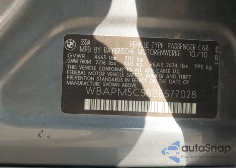 2011 BMW 335I из США, поврежденный, VIN WBAPM5C58BE577028